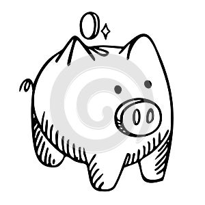 Piggy bank isolated on white background. Box for safe savings, coins, cash, gold. Money pig in doodle style