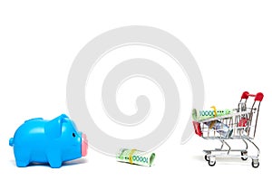 Piggy bank and korean money and shopping cart on white background : economy concept