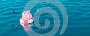 Piggy bank in lifebuoy on blue sea surrounded by sharks, Savings Protection Concept 3d render