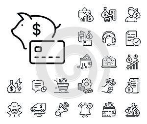 Piggy bank line icon. Credit card sign. Cash money, loan and mortgage. Vector