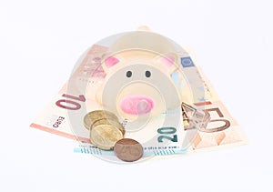 Piggy bank looking into lens with Euro coins and notes