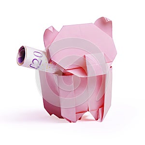 Piggy bank looking up for the coin isolated on white