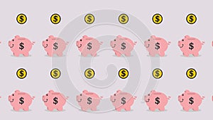 Piggy bank with a lot of money with color and green background - animation