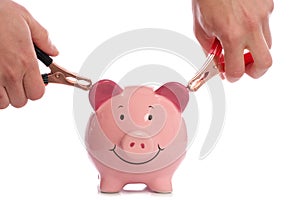 Piggy bank with man holding battery charger