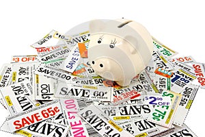 Piggy Bank With Many Grocery Coupons