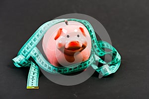 Piggy bank and measuring tape. Budget limit concept. Financial consulting. Economics and finances. Pig trap. Budget