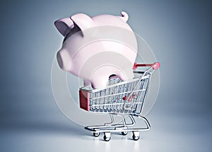 Piggy bank on a miniature shopping cart