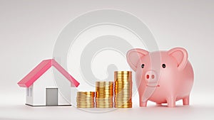 Piggy bank and model house with stack of coin, Saving money for house concept, 3D render