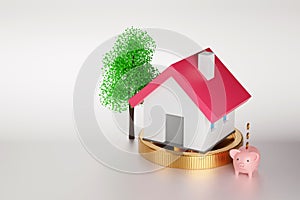 Piggy bank and model house with stack of coin, Saving money for house concept, 3D render