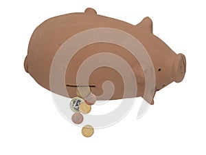 Piggy bank, money box upside down, few Euro coins falling out. EU financial crisis etc. Banking, budget concept