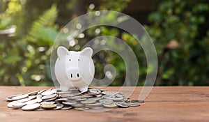 Piggy bank and money coins pile on wood table with nature background