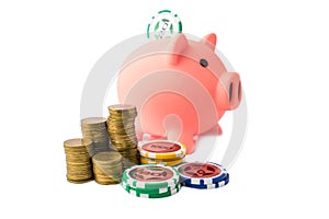 Piggy bank and money coins stack with casino chips on white background. Concept of gambling savings