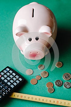 Piggy Bank with Money, Cute piggy bank on color background photo