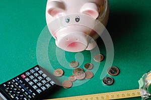 Piggy Bank with Money, Cute piggy bank on color background photo