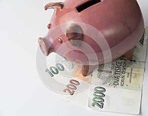 Piggy bank with money, czech crowns