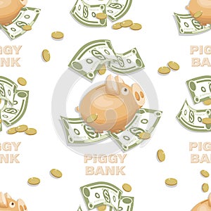 Piggy bank. Money. Dollars signs, gold coins. Money pattern. Falling money isolated