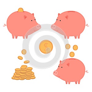 Piggy bank with money and empty, dollar and stack of coins