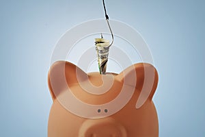 Piggy bank with money and fishing hook - Concept of phishing and stealing money