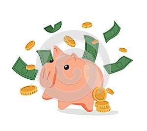 Piggy bank with Money flat cartoon creative business concept. Investments, safe keeps gold coins. Keep and accumulate