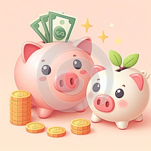 Piggy bank with money in a pot and coins.Money saving concept. Lucky money charm wallpaper