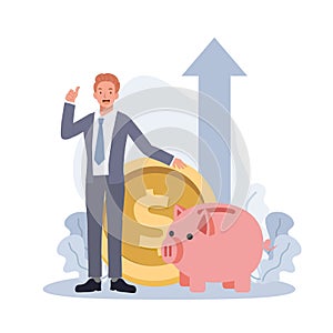 Piggy bank money savings concept. Businessman showing thumb up gesture near big golden coin and piggy bank. Arrow up rise. Vector