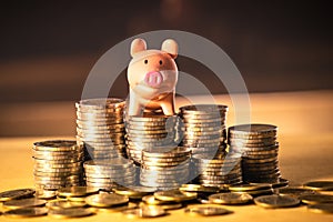 A piggy bank on money stack for saving money concept, Space of business planning ideas, insurance life in future.