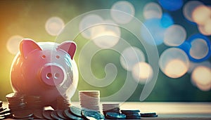 Piggy bank near money coins stack, saving financial accumulated money concept