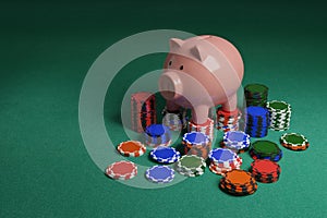 Piggy bank next to many casino chips on a gaming table. Concept of gambling savings. 3d illustration