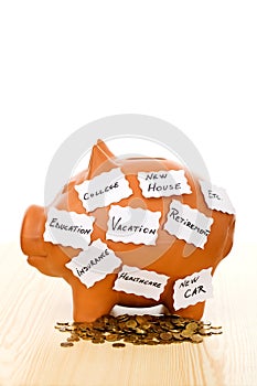 Piggy bank with notes - saving concept