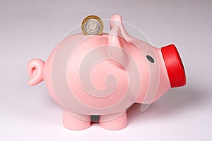 Piggy bank with one coin.