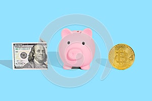 . Piggy bank, one hundred dollar bill and bitcoin on a bright blue background. The concept of safe storage of financial savings