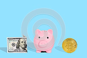 . Piggy bank, one hundred dollar bill and bitcoin on a bright blue background. The concept of safe storage of financial savings