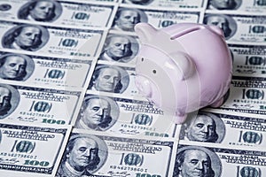 Piggy bank onUS Dollar bills as symbol of business, wealth and power