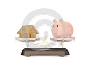 Piggy bank pig and golden small house on scales isolated on white background. 3d render illustration. House heavier piggy bank