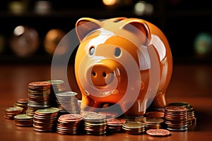 Piggy bank on a pile of bronze and silver colored coins. Save money, financial planning