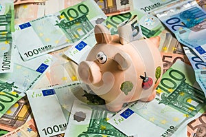 Piggy bank in a pile of euro money