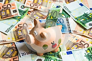 Piggy bank in a pile of euro money