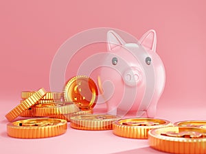 Piggy bank with pile of gold dollar coins,on pastel isolated pink background,minimalist style,concept saving and financial growth,