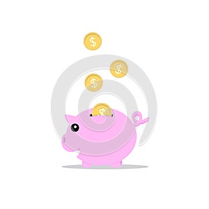 Piggy bank pink color with golden coins