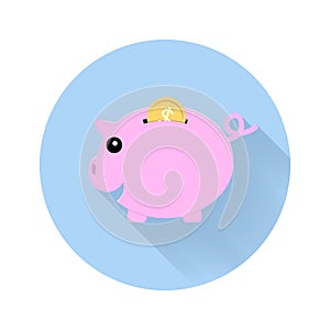 Piggy bank pink color and golden coins icon flat