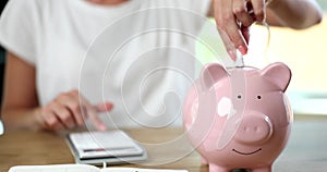 Piggy bank with plug of electric cord and a person counts electricity costs on calculator