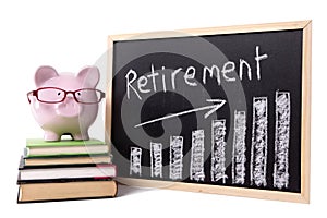 Piggy Bank with retirement savings chart, pension fund growth planning