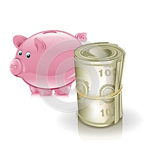 Piggy bank and roll of money
