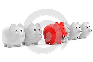 Piggy bank in row with one red secured with combination lock