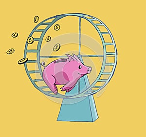 Piggy bank running on a Hamster wheel