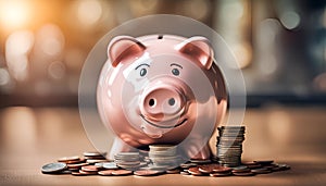 The piggy bank\'s overflow of coins illustrates savings and financial learning