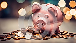 The piggy bank\'s overflow of coins illustrates savings and financial learning