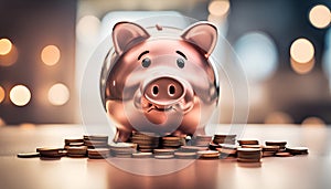 The piggy bank\'s overflow of coins illustrates savings and financial learning