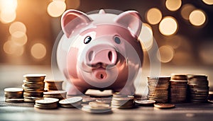 The piggy bank\'s overflow of coins illustrates savings and financial learning