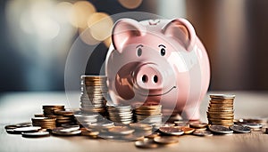 The piggy bank\'s overflow of coins illustrates savings and financial learning